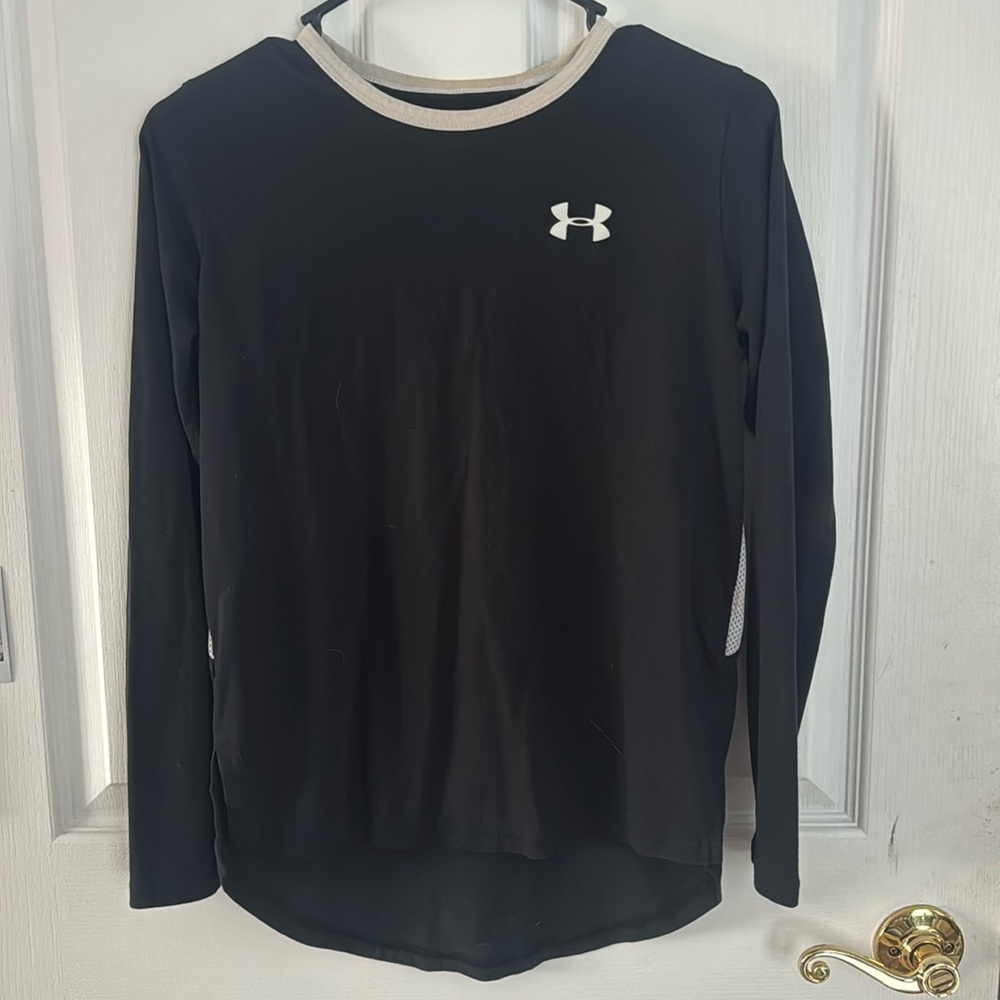 black & white, partial open back, long sleeve shirt; Under Armour